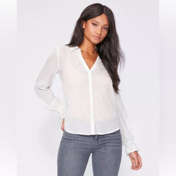 NWT PAIGE Alinah Sheer Long Sleeve Button Down Shirt Blouse White/Silver size XS - Picture 1 of 16
